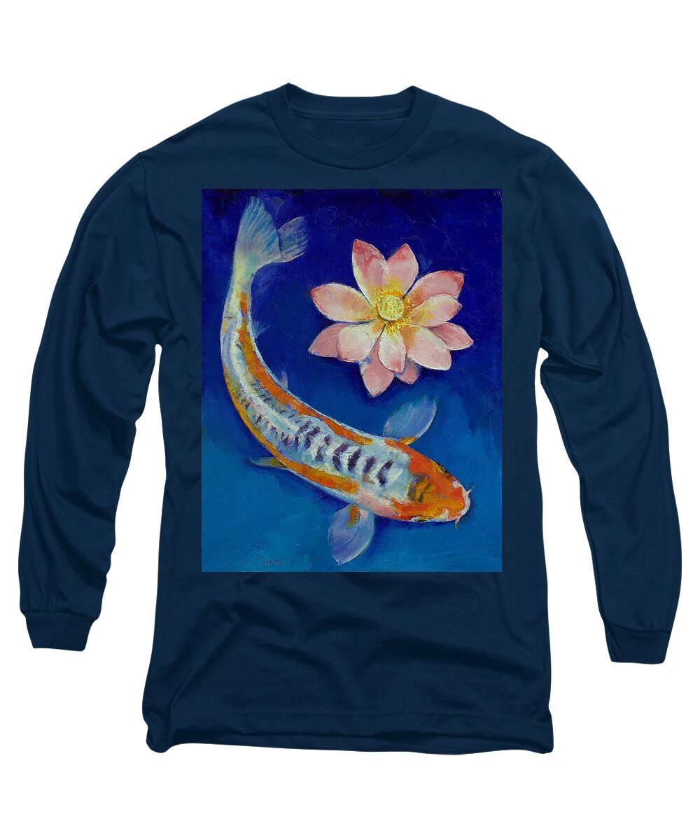 Lotus Long Sleeve T-Shirt featuring the painting Koi Fish and Lotus by Michael Creese