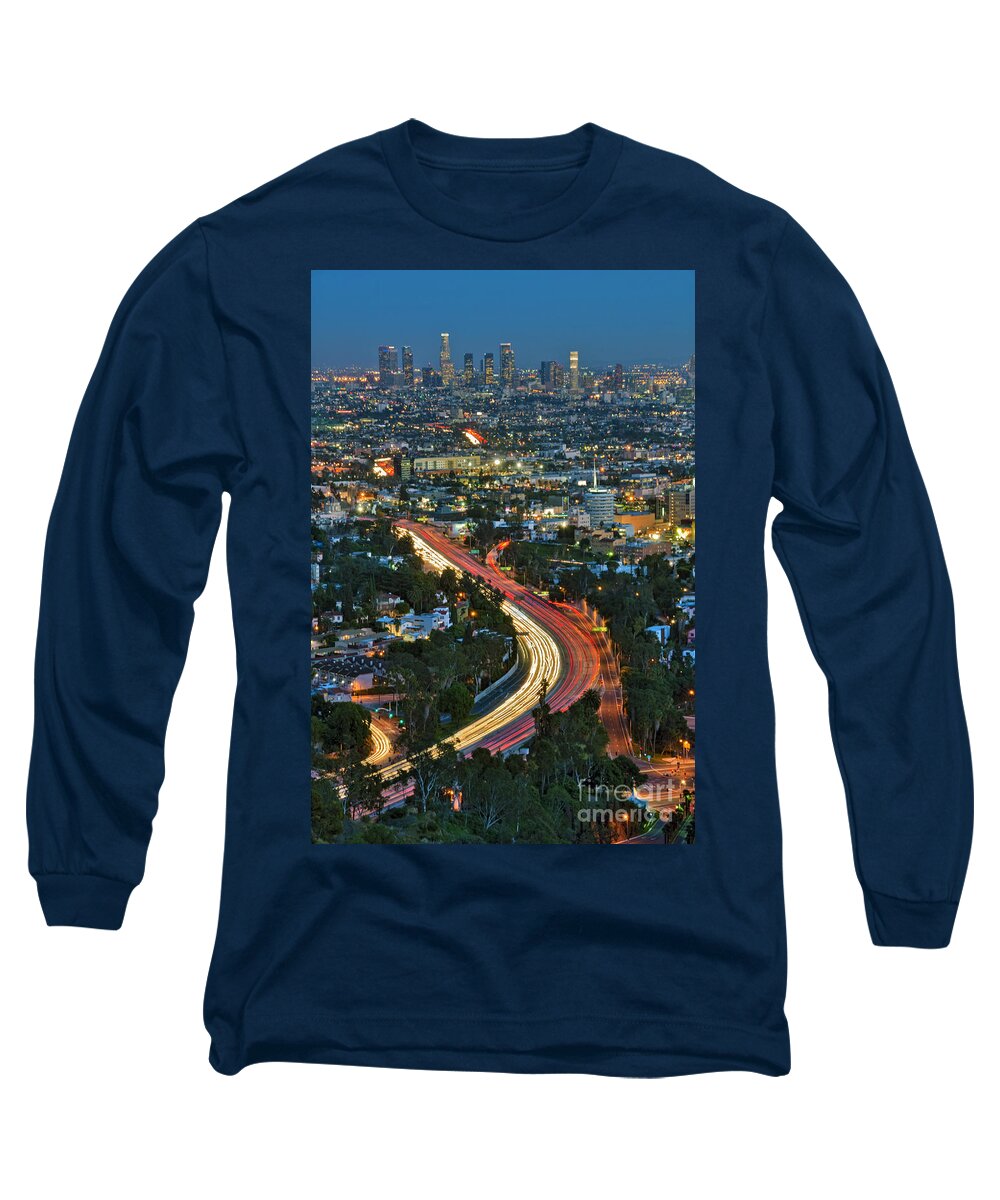 La Skyline Long Sleeve T-Shirt featuring the photograph LA Skyline Night Magic Hour dusk streaking tail lights Freeway by David Zanzinger