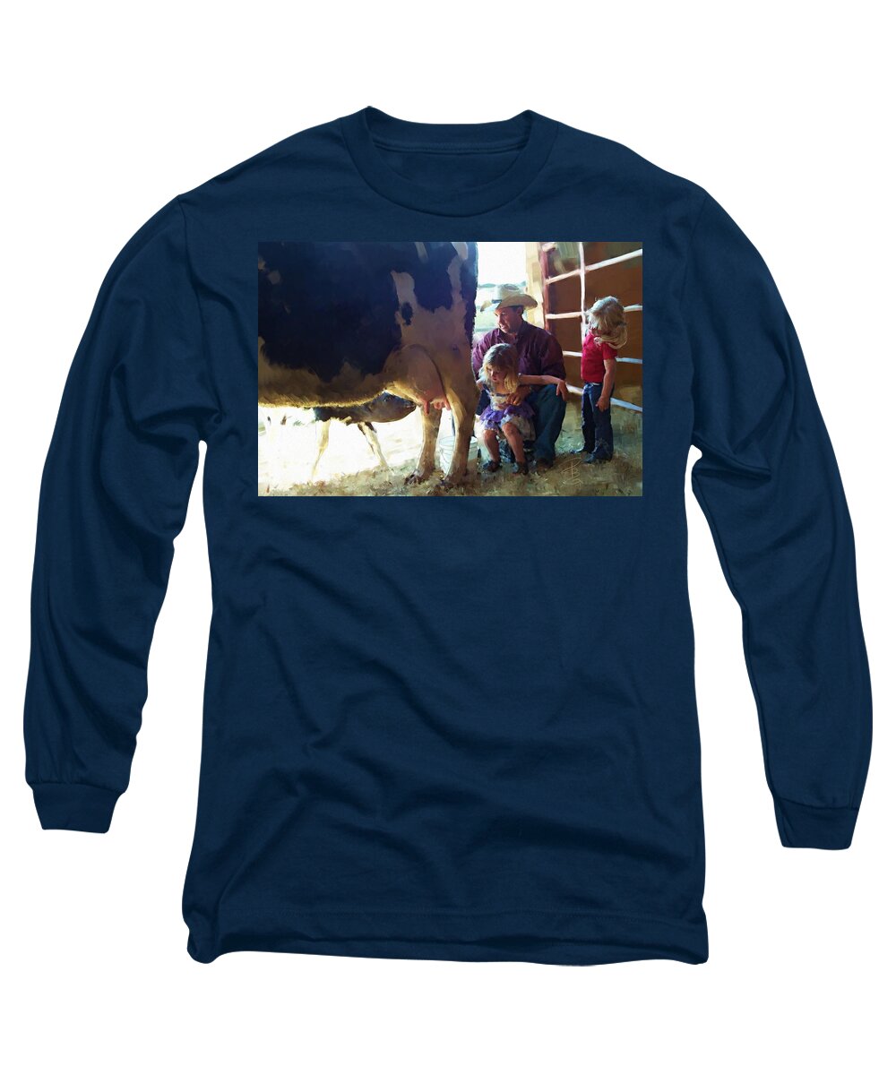 Animal Long Sleeve T-Shirt featuring the digital art Learning how to get milk by Debra Baldwin