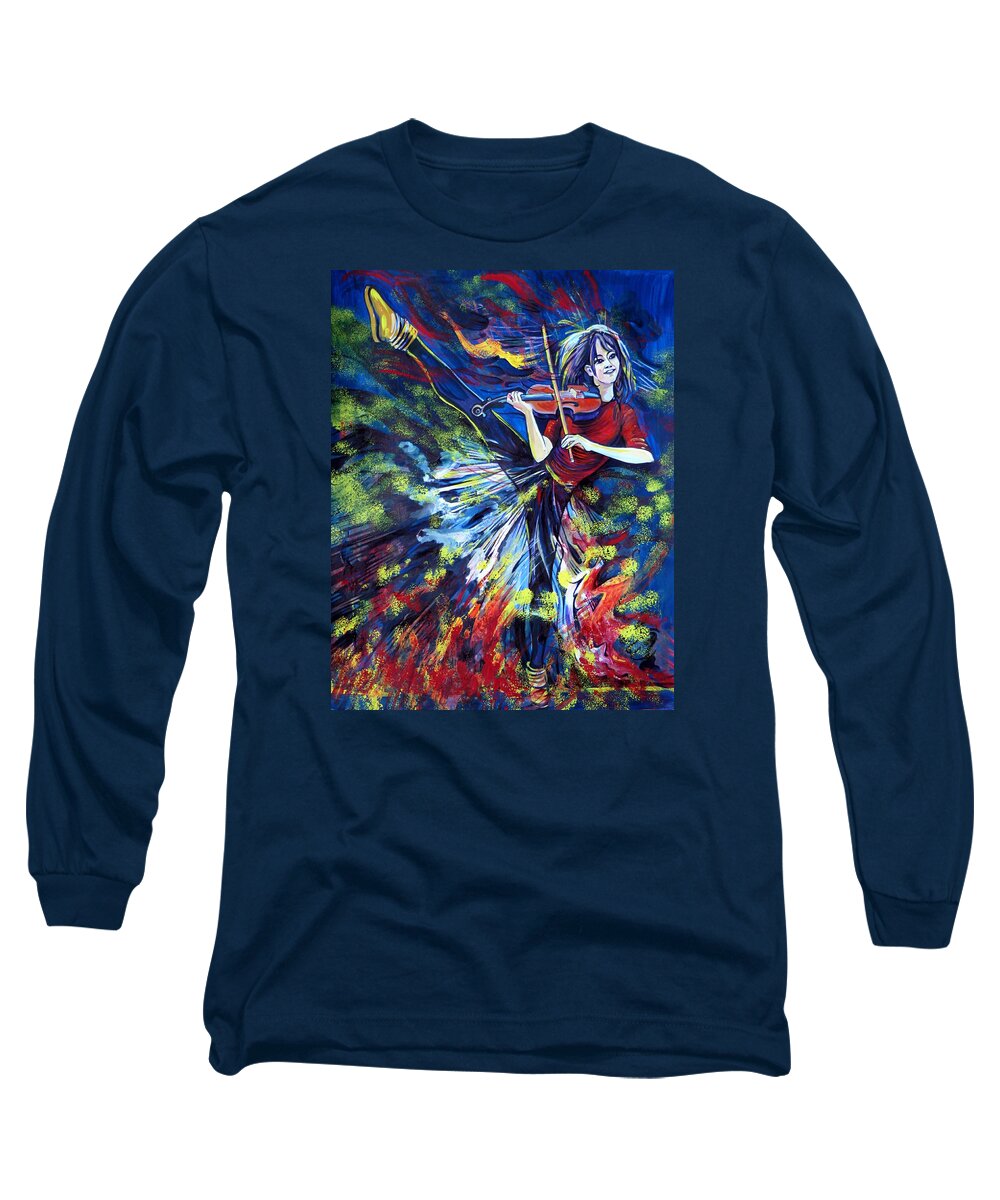 Lindsey Stirling Long Sleeve T-Shirt featuring the painting Lindsey Stirling. Dancing Violinist by Anna Duyunova