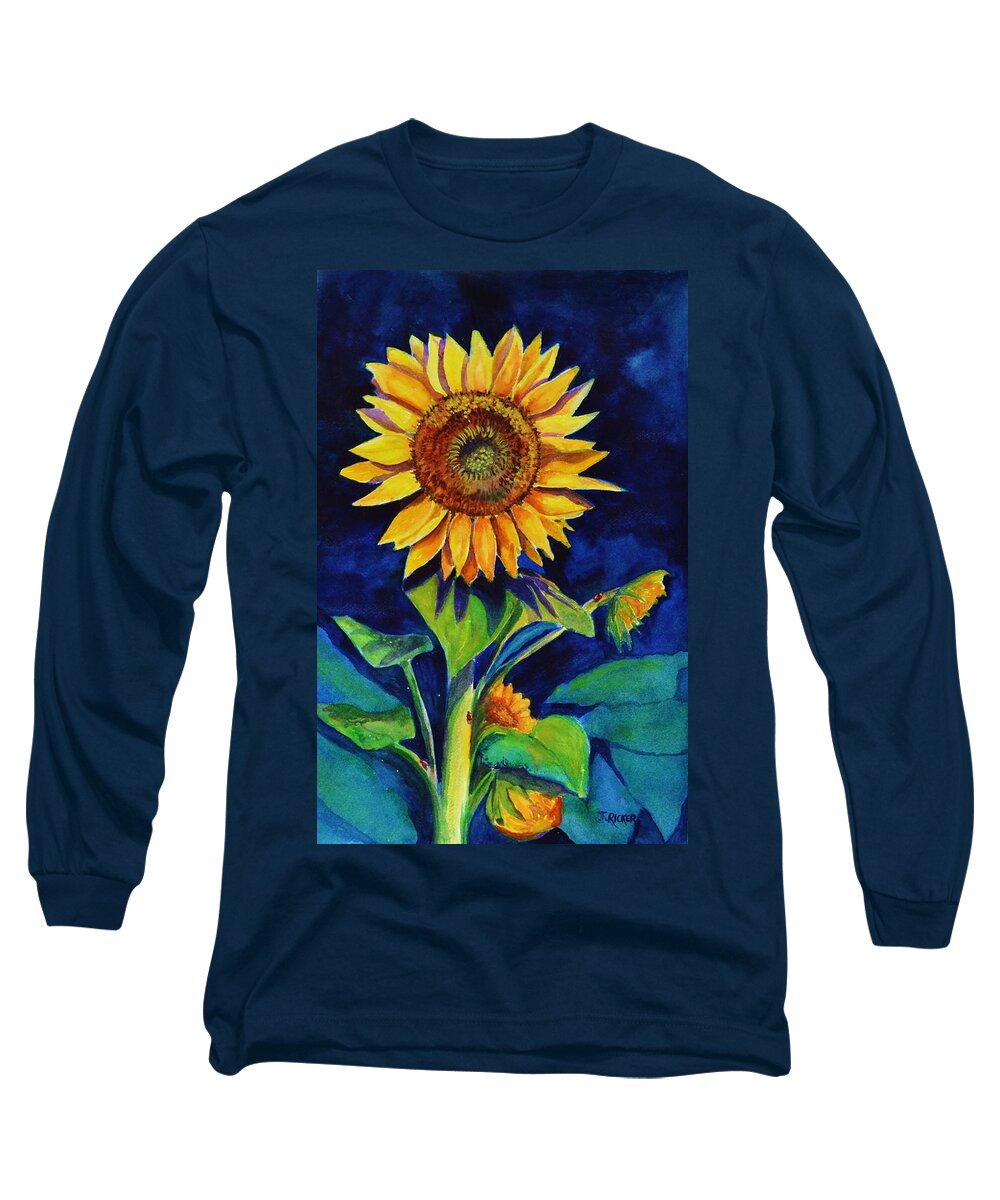 Sun Long Sleeve T-Shirt featuring the painting Midnight Sunflower by Jane Ricker