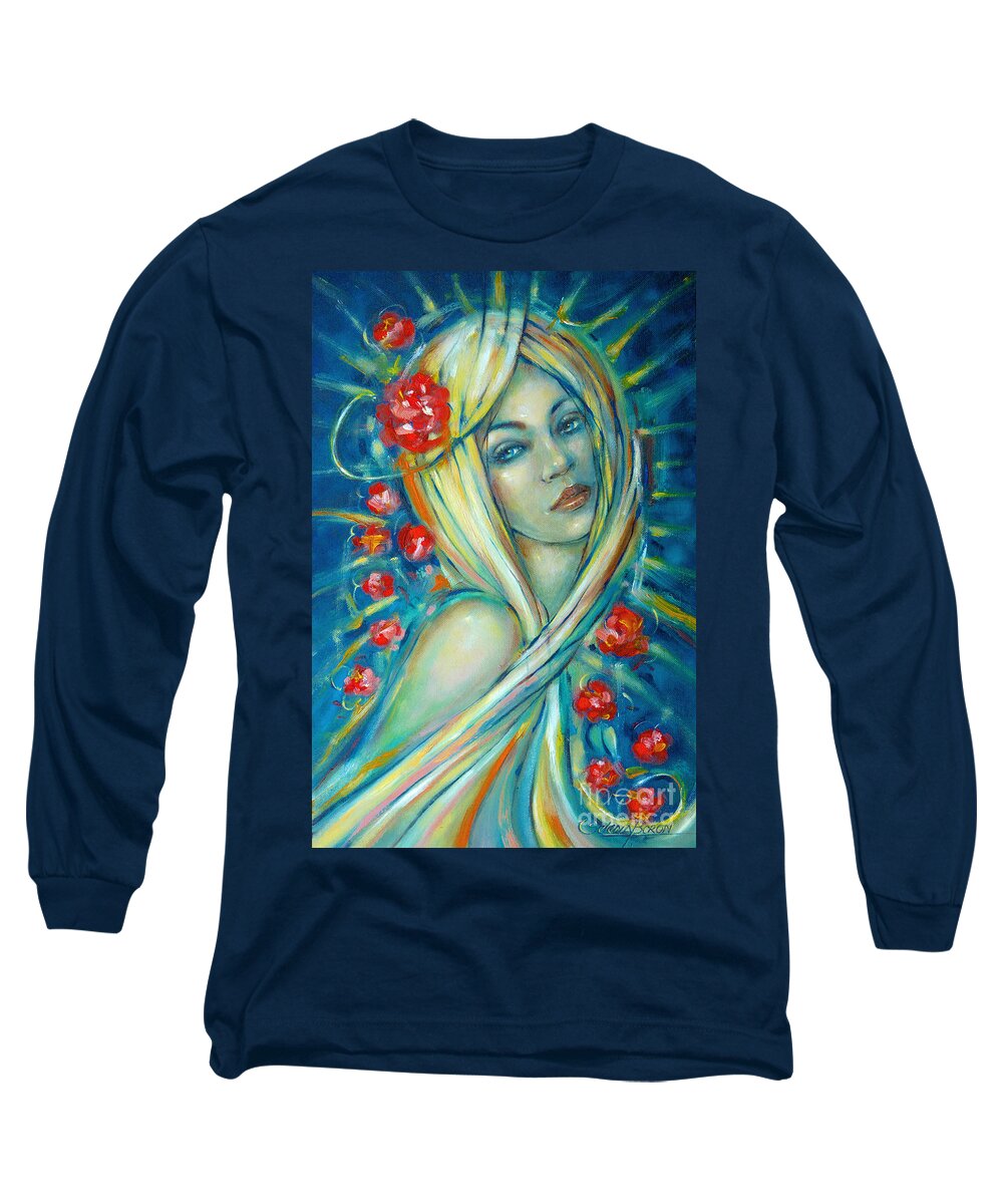 Woman Long Sleeve T-Shirt featuring the painting Moonlight Flowers 030311 by Selena Boron