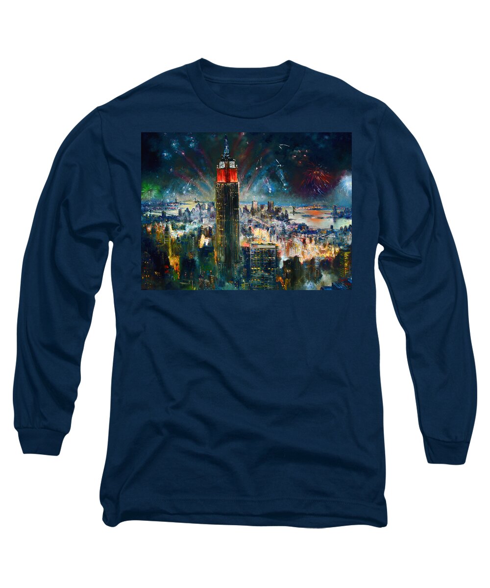 Nyc Long Sleeve T-Shirt featuring the painting NYC in Fourth of July Independence Day by Ylli Haruni