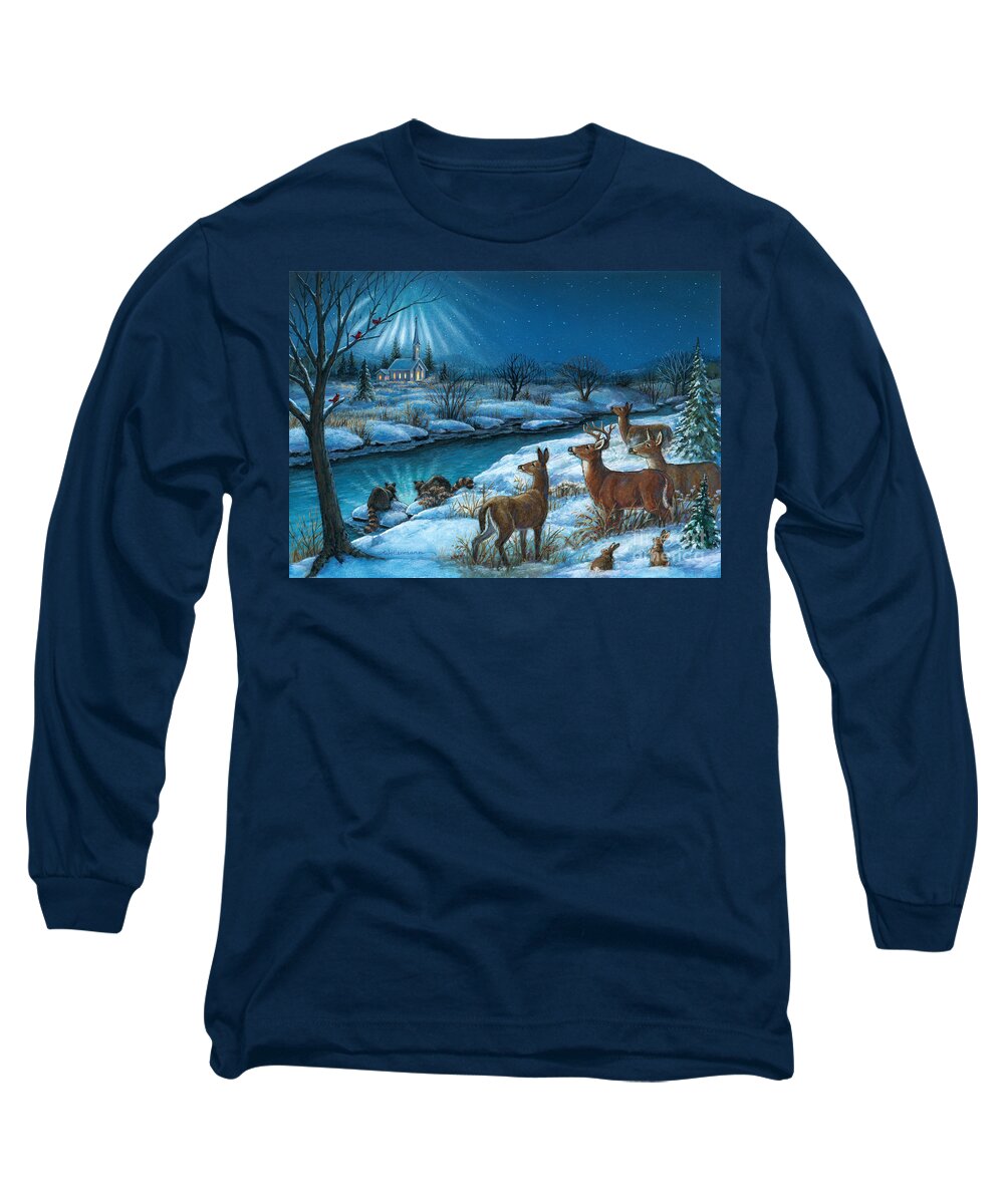 Randy Wollenmann Long Sleeve T-Shirt featuring the painting Peaceful Winters Night by Randy Wollenmann