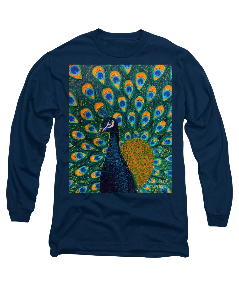 Modern Long Sleeve T-Shirt featuring the painting Peacock by Vicki Maheu