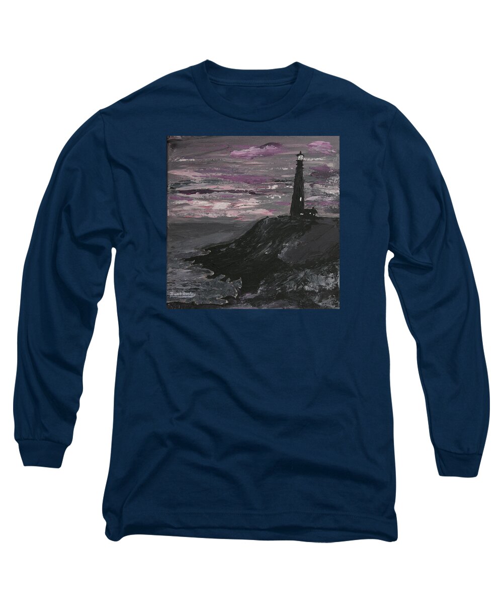 Ocean Long Sleeve T-Shirt featuring the painting Pigeon Lighthouse Impasto Sunset Monochromatic by Ian Donley