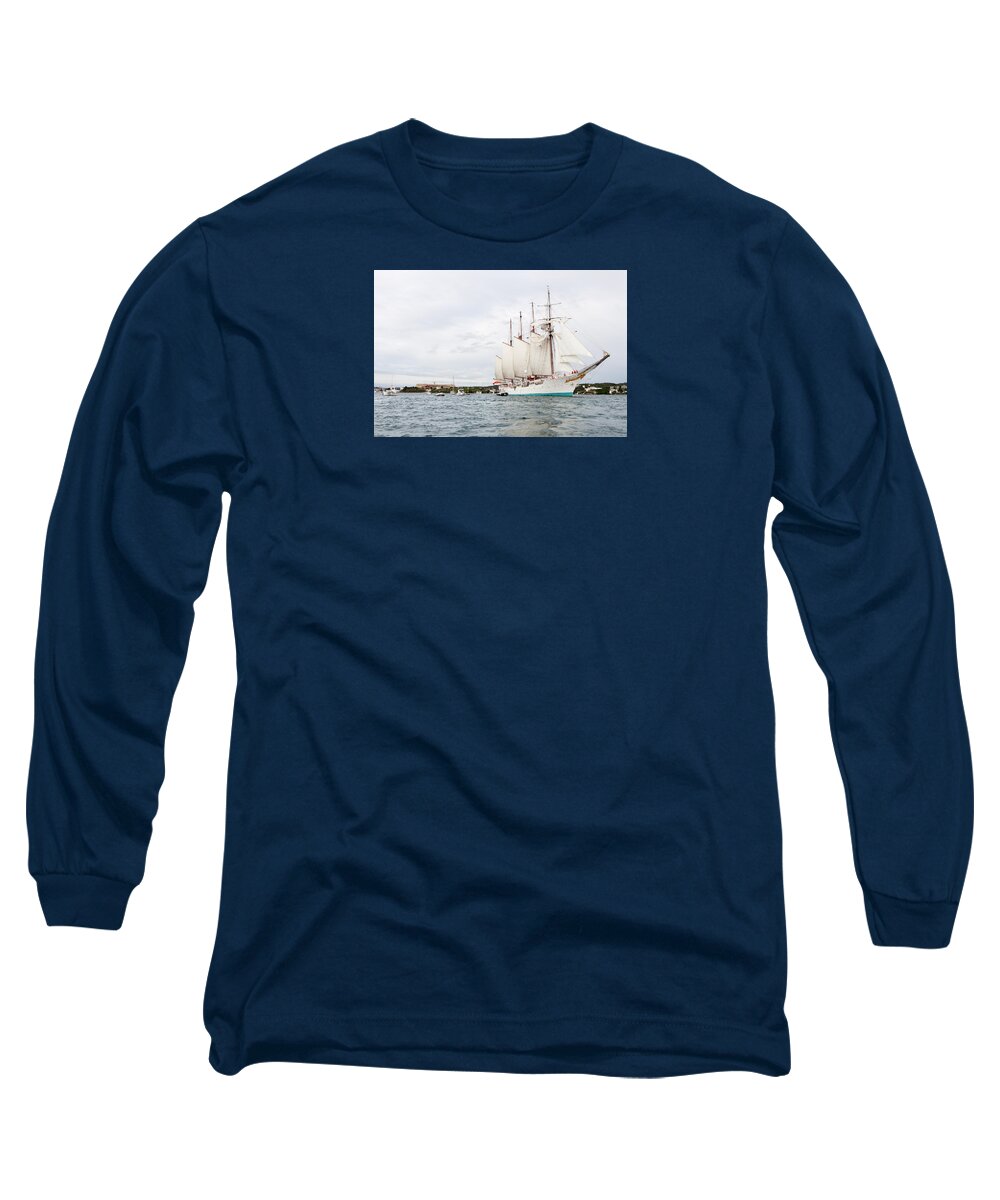 Bay Long Sleeve T-Shirt featuring the photograph Juan Sebastian de Elcano famous tall ship of Spanish navy visits Port Mahon in front of bloody islan by Pedro Cardona Llambias