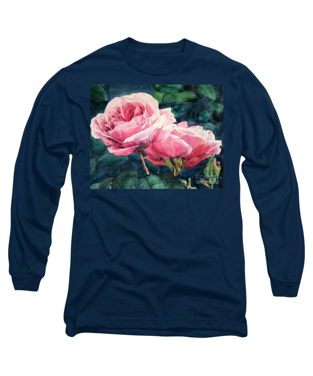 Watercolor Long Sleeve T-Shirt featuring the painting Watercolor of Two Luscious Pink Roses by Greta Corens