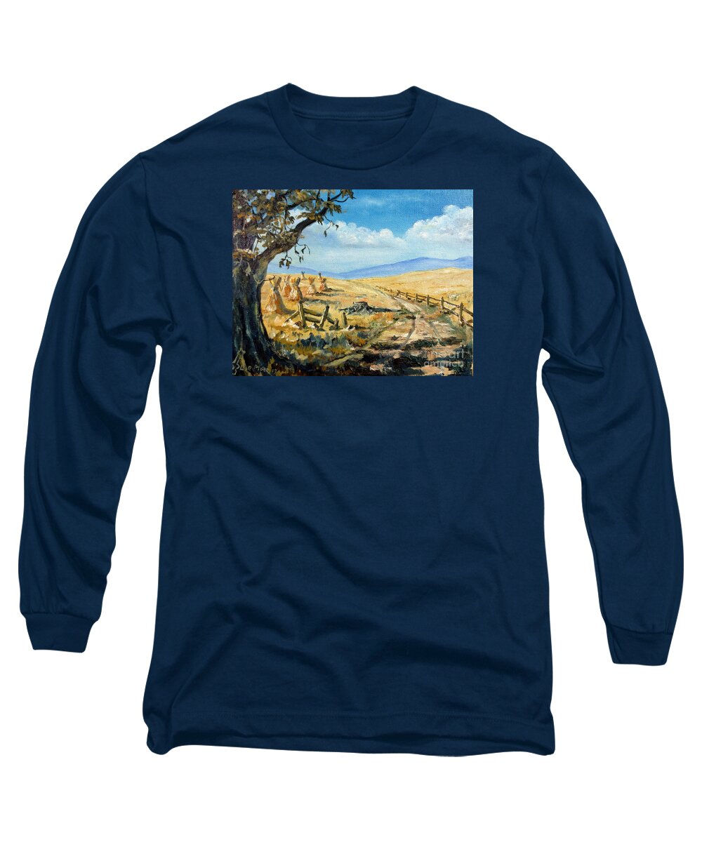 Lee Piper Long Sleeve T-Shirt featuring the painting Rural Farmland Americana Folk Art Autumn Harvest Ranch by Lee Piper