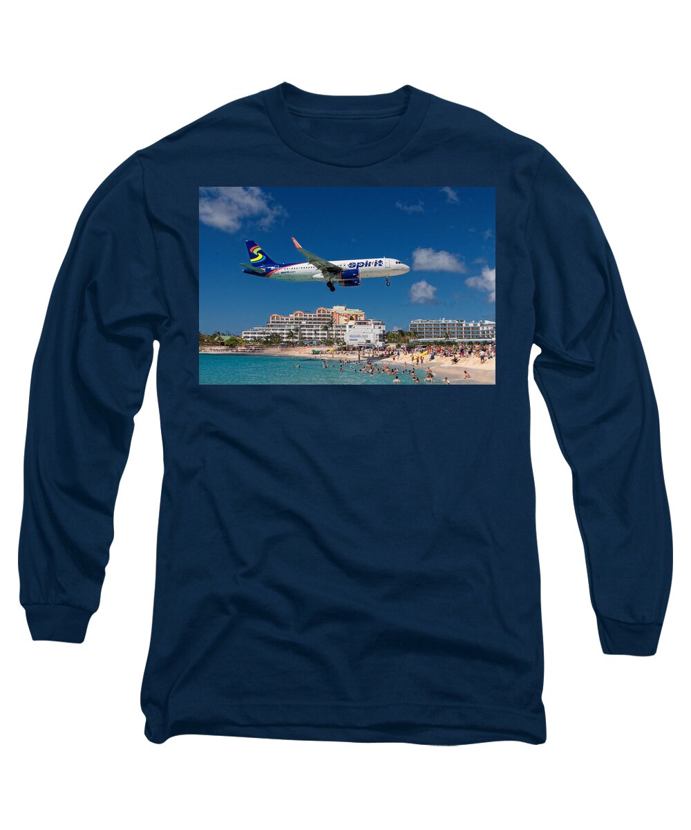 Spirit Long Sleeve T-Shirt featuring the photograph Spirit Airlines low approach to St. Maarten by David Gleeson