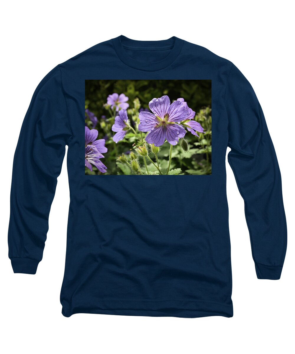 Nature Long Sleeve T-Shirt featuring the photograph Sun bathed Geranium by Spikey Mouse Photography