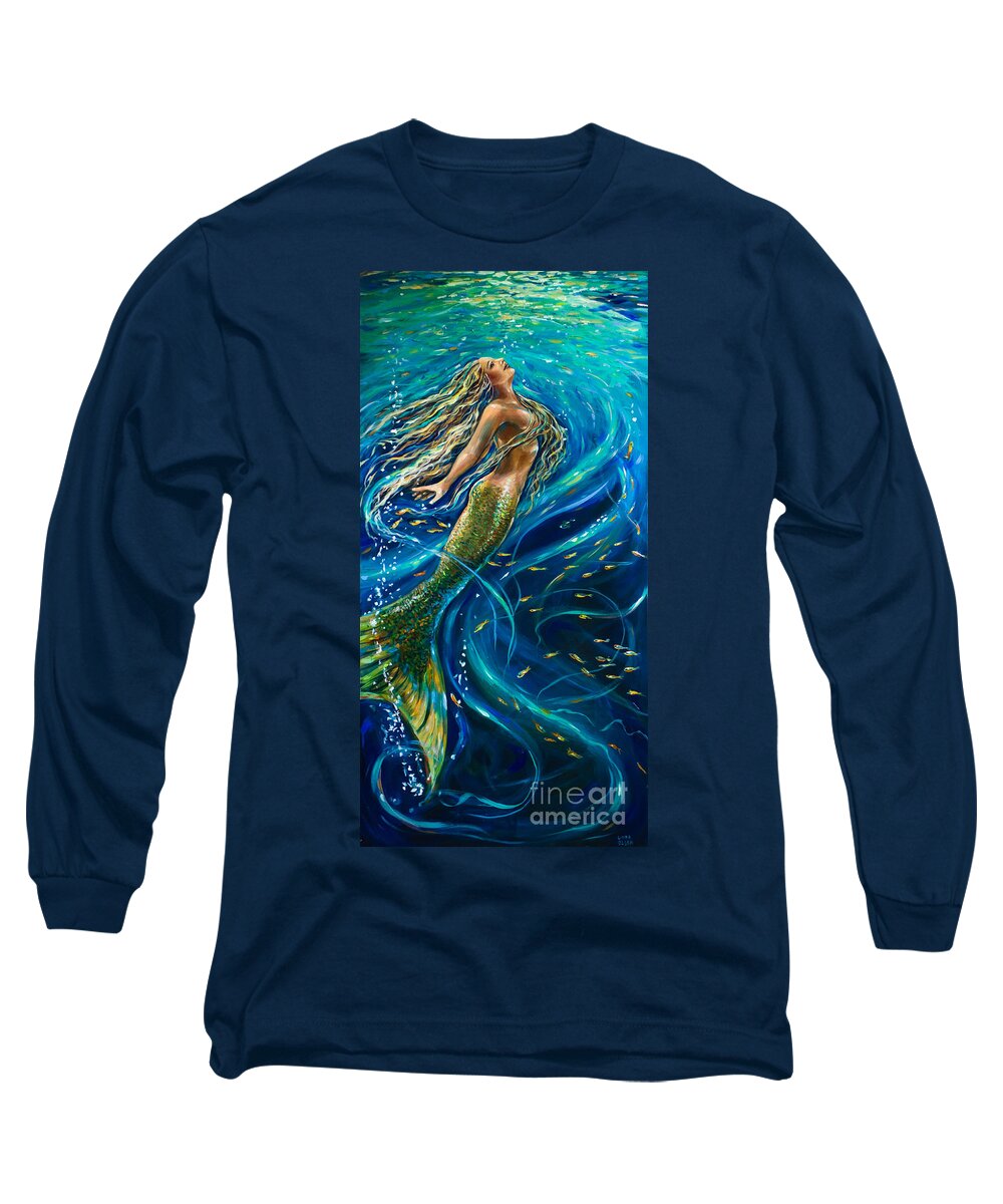 Mermaid Long Sleeve T-Shirt featuring the painting Swimming to the Surface by Linda Olsen