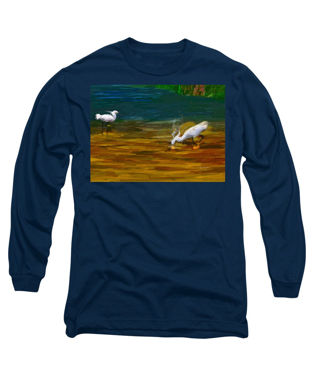 Egret Long Sleeve T-Shirt featuring the painting The Catch by Angela Stanton