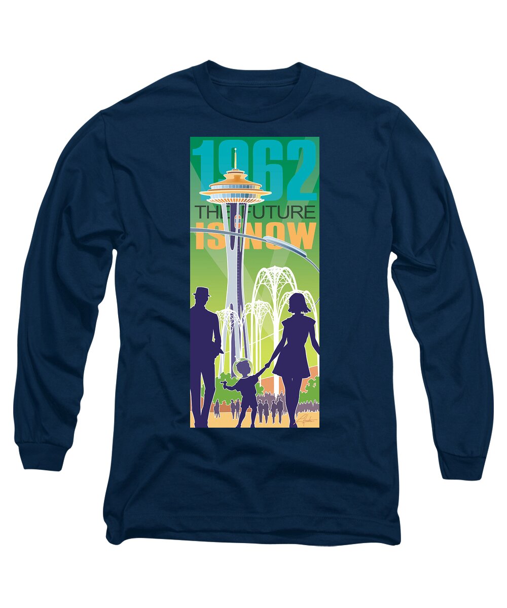 Mid Century Long Sleeve T-Shirt featuring the digital art The Future is Now - green by Larry Hunter