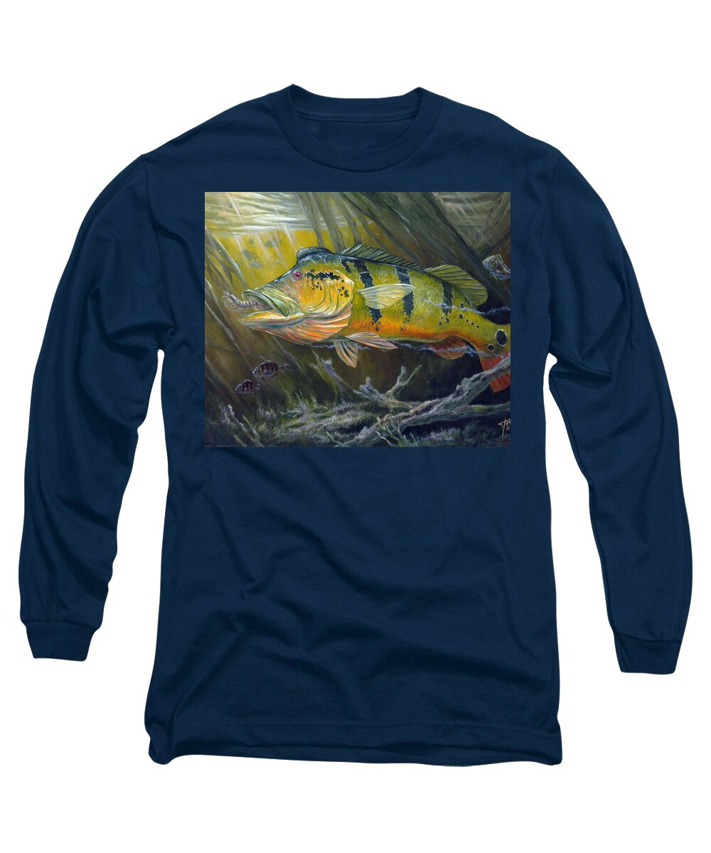 Peacock Bass Long Sleeve T-Shirt featuring the painting The Great Peacock Bass by Terry Fox