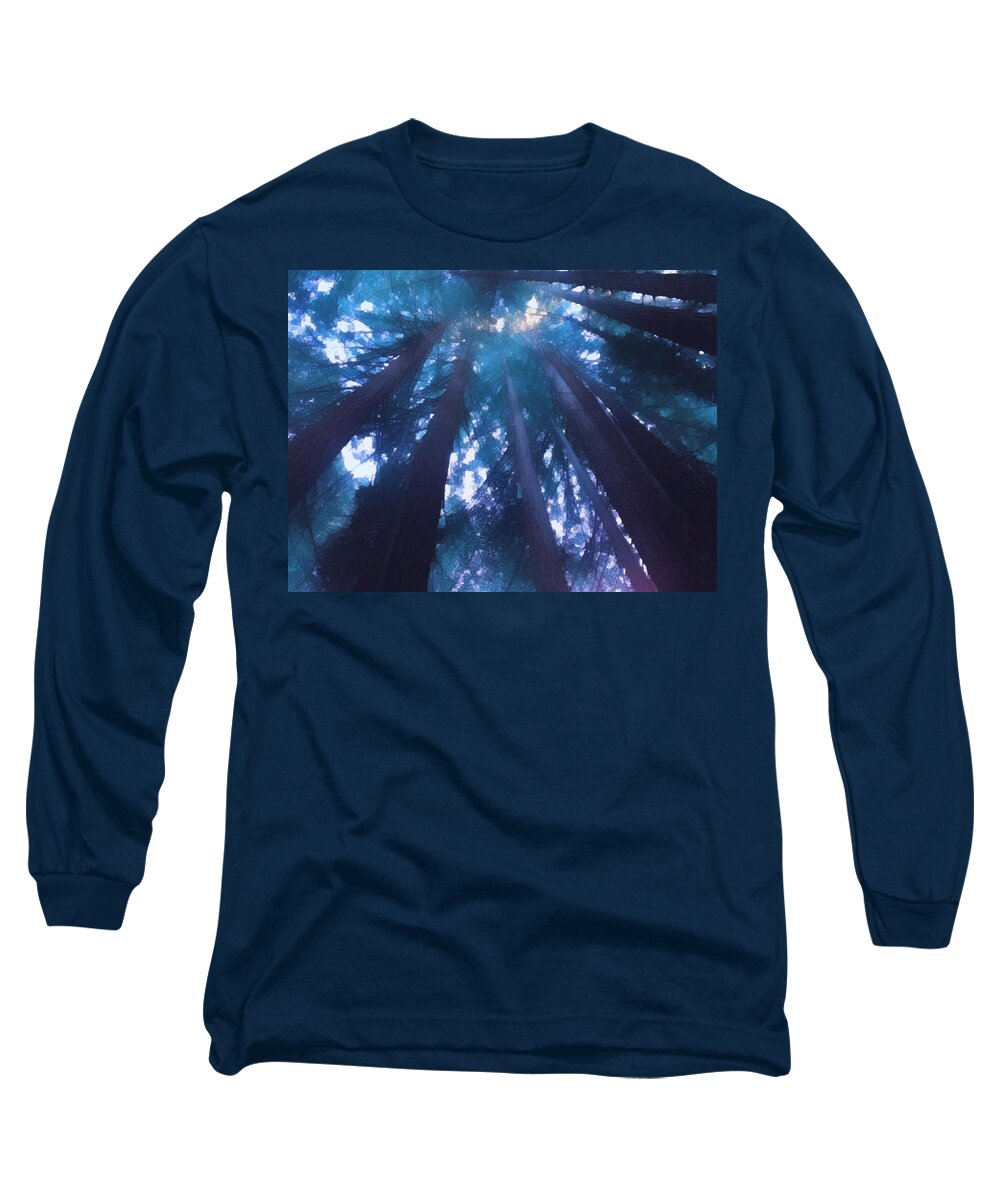 Redwoods Long Sleeve T-Shirt featuring the photograph Their tops poke right up through the sky by Suzy Norris