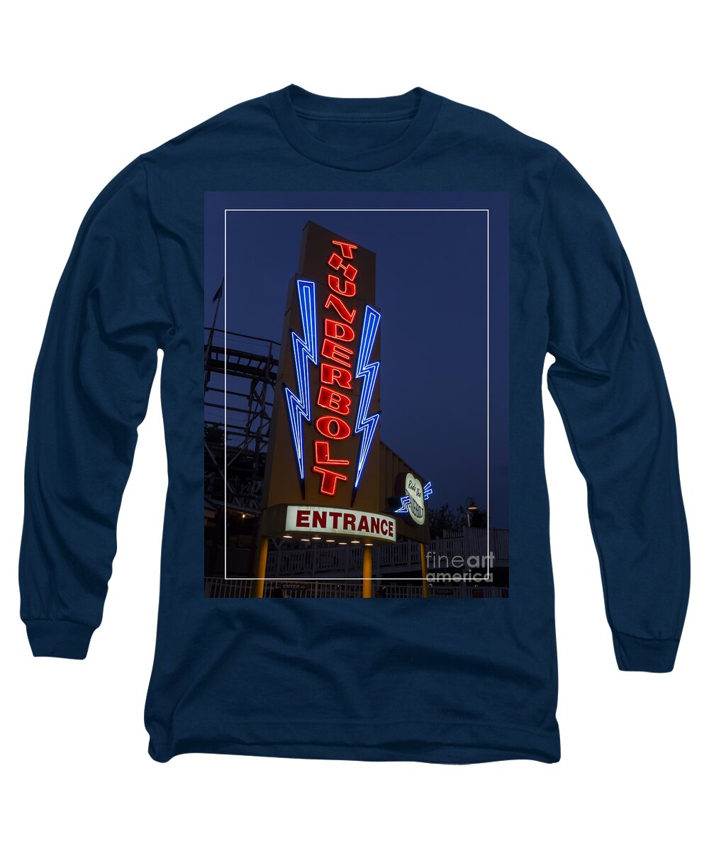 Amusement Long Sleeve T-Shirt featuring the photograph Thunderbolt Rollercoaster Neon Sign by Edward Fielding