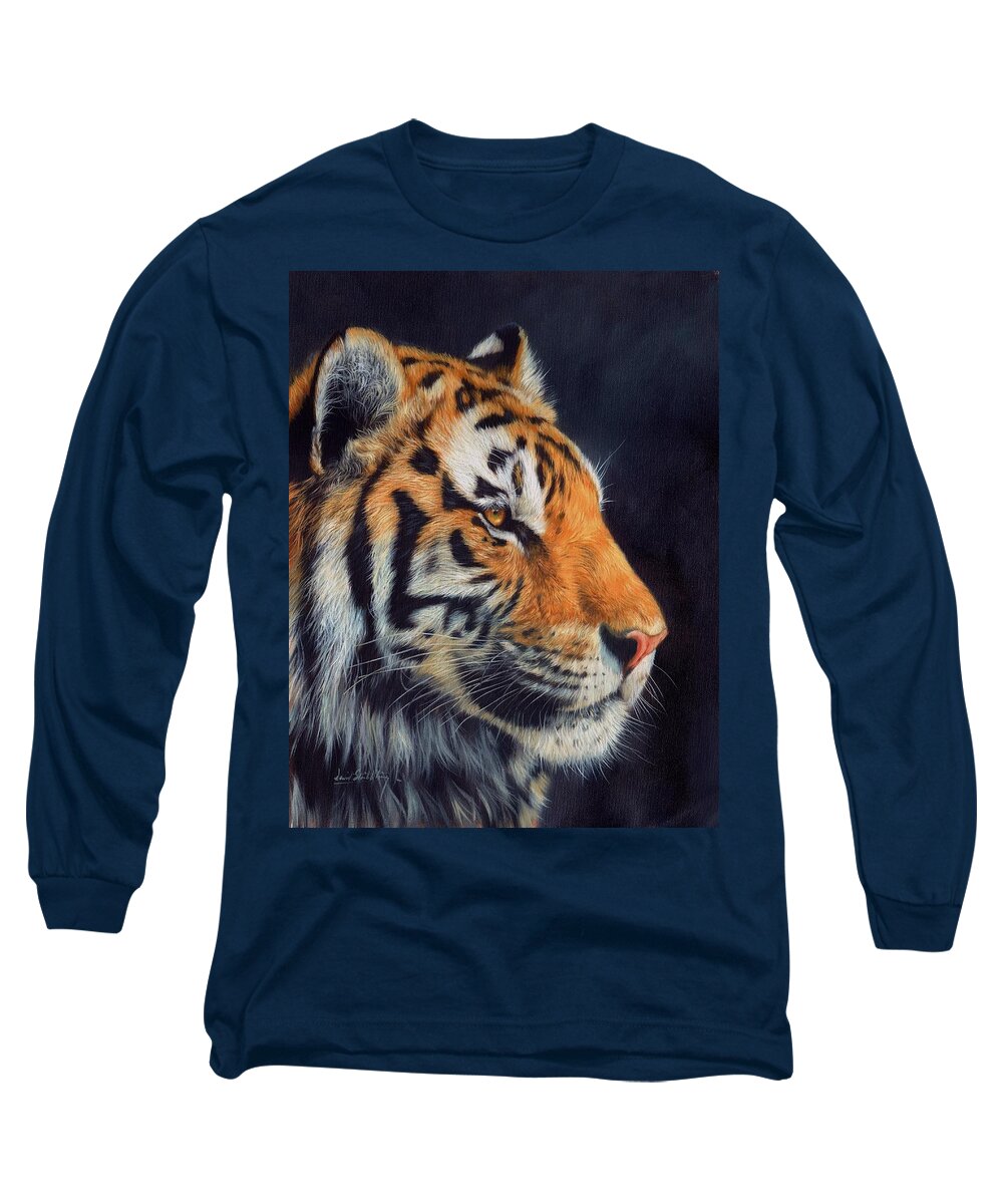 Tiger Long Sleeve T-Shirt featuring the painting Tiger profile by David Stribbling