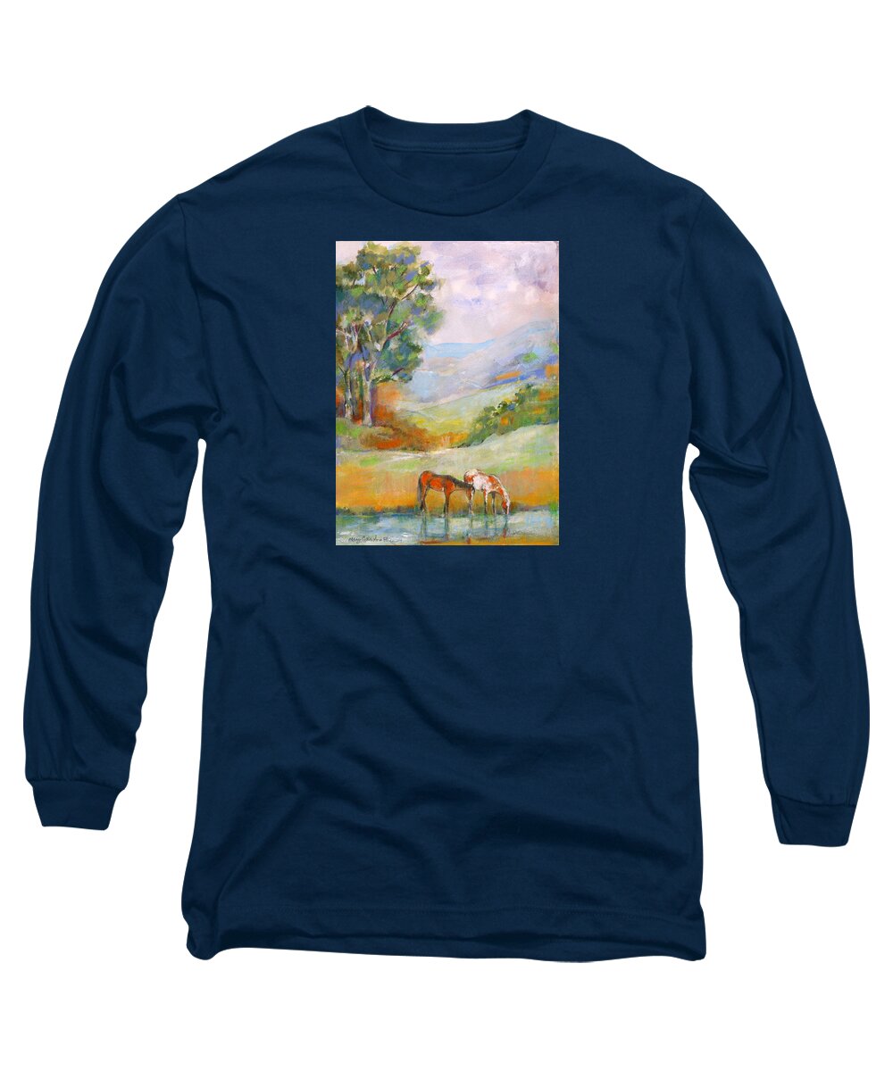 Horses Long Sleeve T-Shirt featuring the painting Water hole by Mary Armstrong