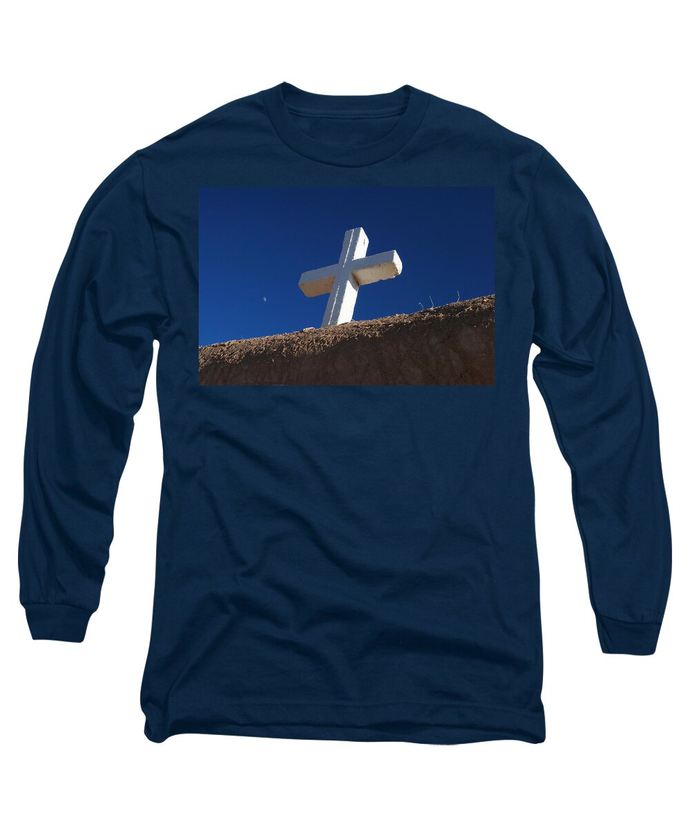 Adobe Long Sleeve T-Shirt featuring the photograph White Cross of Mission w Moon by Glory Ann Penington