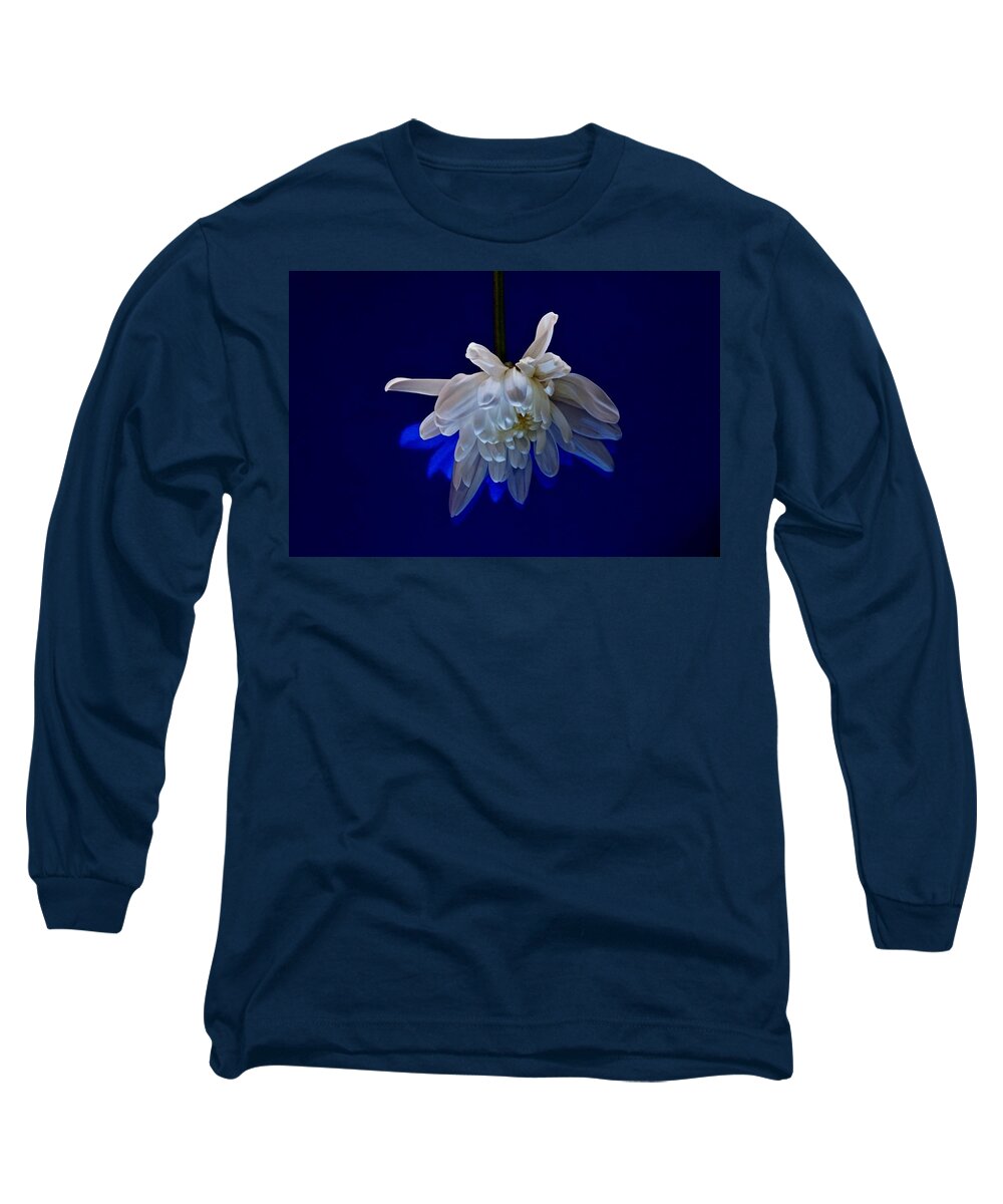Flower Long Sleeve T-Shirt featuring the photograph White Flower on Dark Blue Background by Phyllis Meinke