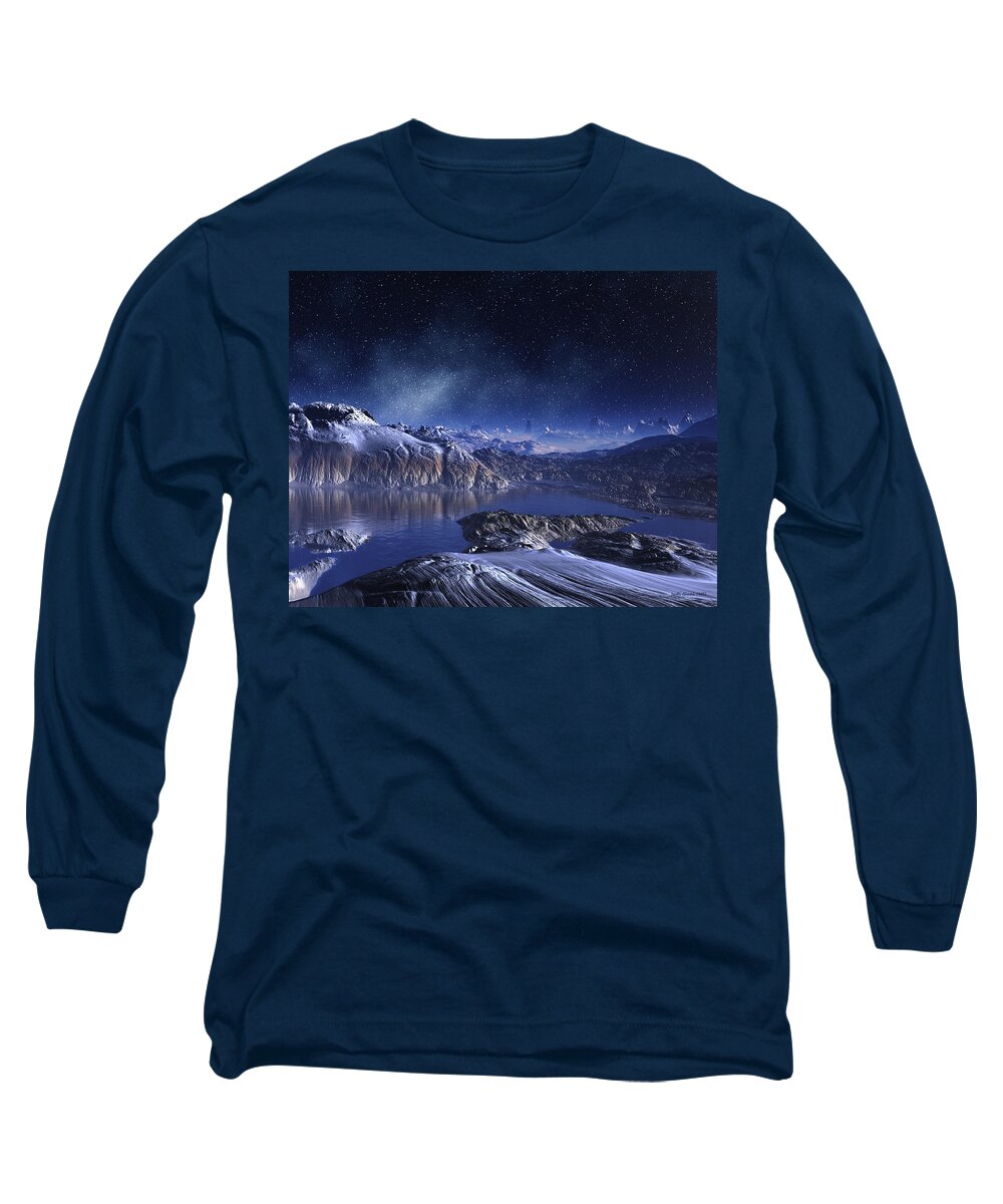 Lake Long Sleeve T-Shirt featuring the digital art Winter Lake Snowy Night by Judi Suni Hall