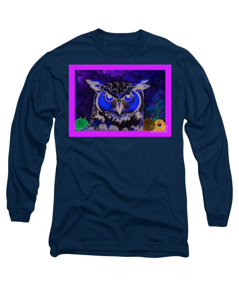 Owl Long Sleeve T-Shirt featuring the painting 2011 Dreamy Horned Owl Negative by Lilibeth Andre