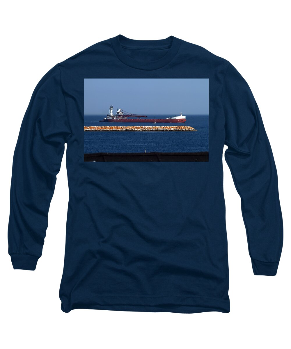 Freighter Long Sleeve T-Shirt featuring the photograph Freighter in the Straits of Mackinac by Farol Tomson