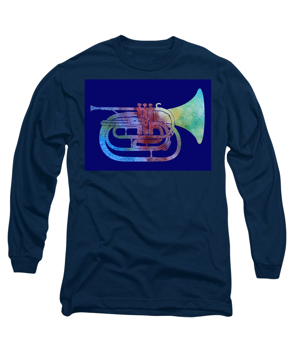 French Horn Long Sleeve T-Shirt featuring the painting Rainbow Marching French Horn by Jenny Armitage