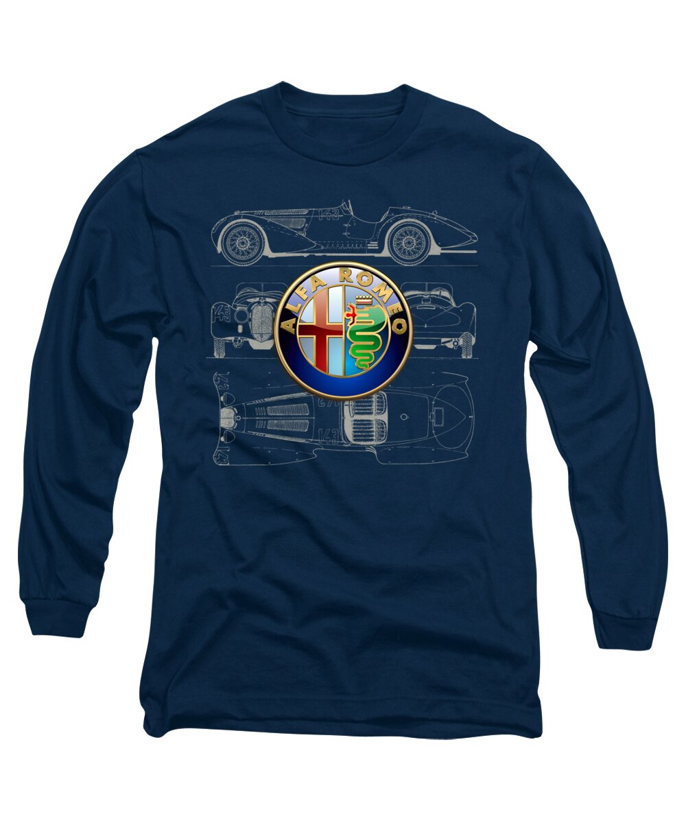 �wheels Of Fortune� By Serge Averbukh Long Sleeve T-Shirt featuring the photograph Alfa Romeo 3 D Badge over 1938 Alfa Romeo 8 C 2900 B Vintage Blueprint by Serge Averbukh