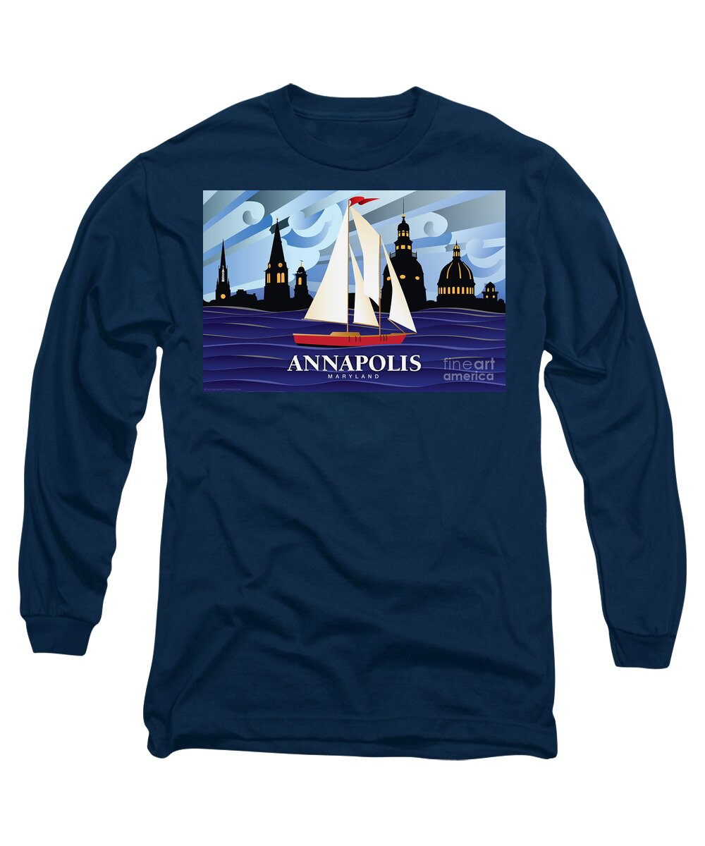 Annapolis Long Sleeve T-Shirt featuring the digital art Annapolis Skyline Red sail boat #1 by Joe Barsin
