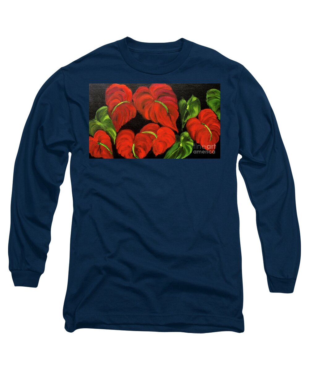 Red Flower Long Sleeve T-Shirt featuring the painting Dancing Anthuriums #1 by Jenny Lee