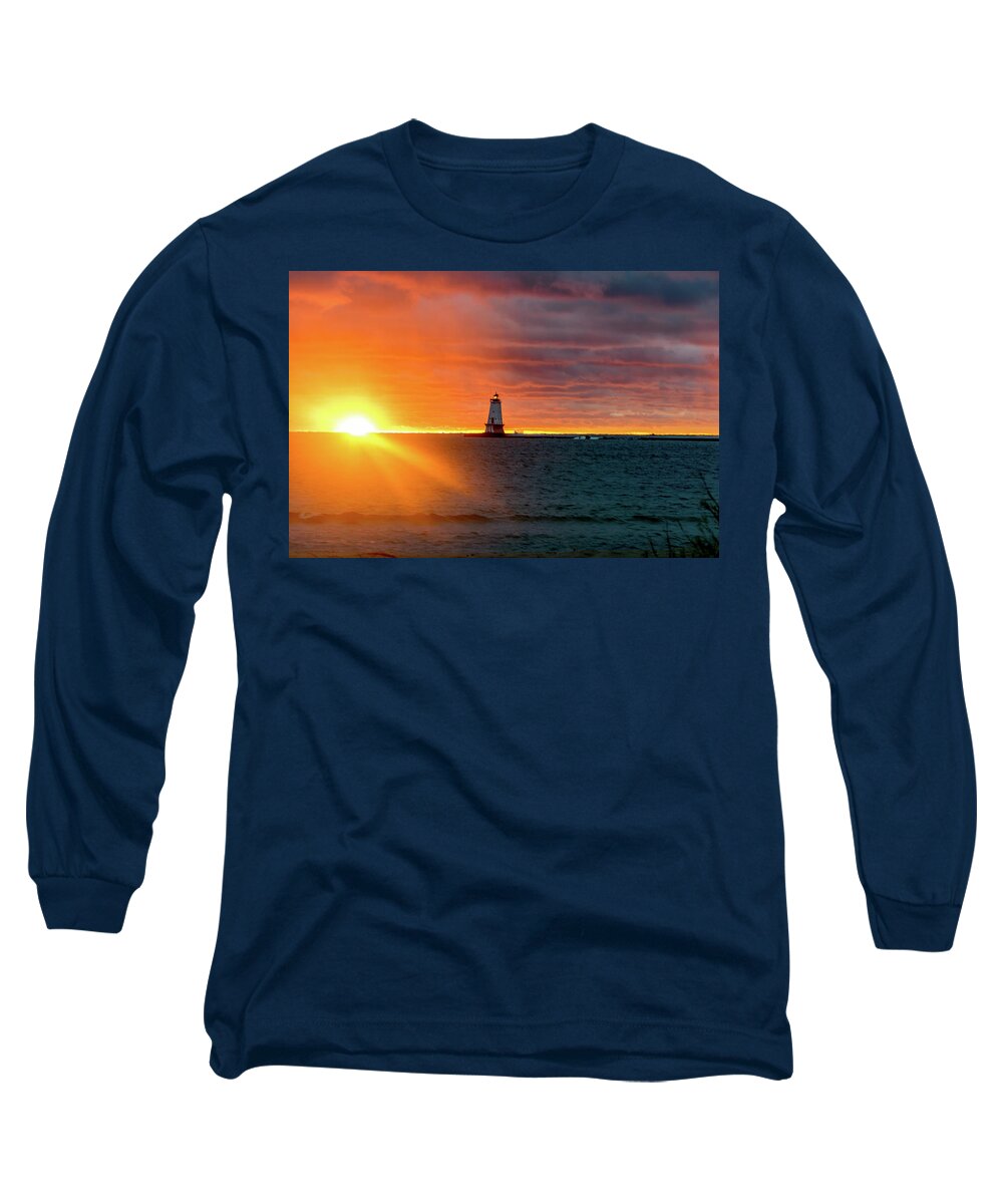Ludington Mi Long Sleeve T-Shirt featuring the photograph Sunset and Lighthouse #1 by Lester Plank