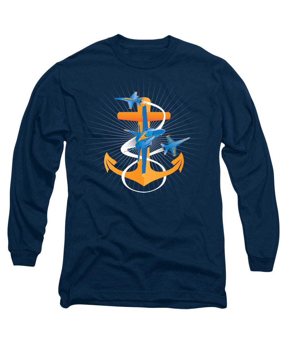 Navy Long Sleeve T-Shirt featuring the digital art Anchors Aweigh Blue Angels Fouled Anchor by Joe Barsin