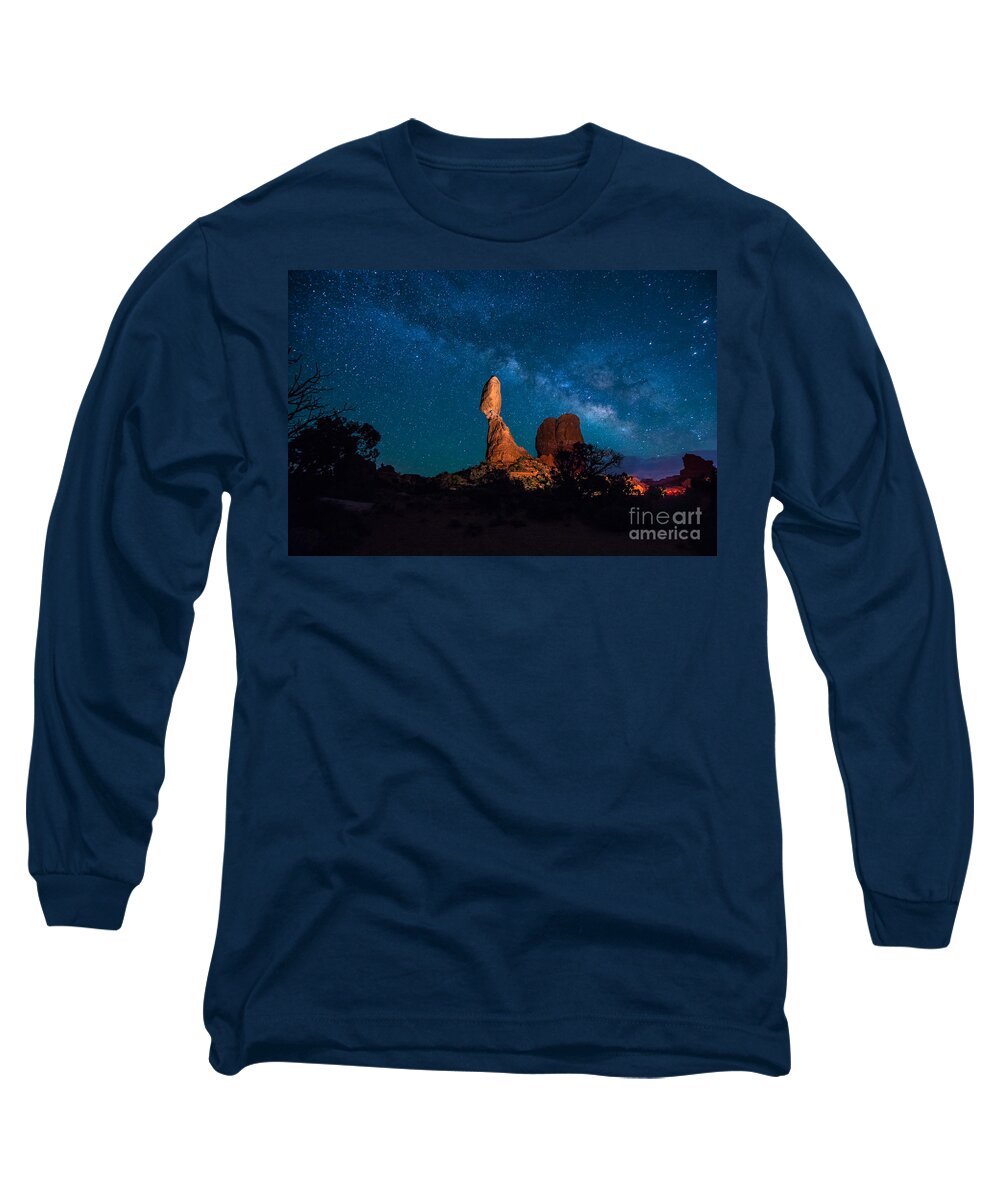 Utah Long Sleeve T-Shirt featuring the photograph Balanced Rock and Milky Way at Night by Gary Whitton