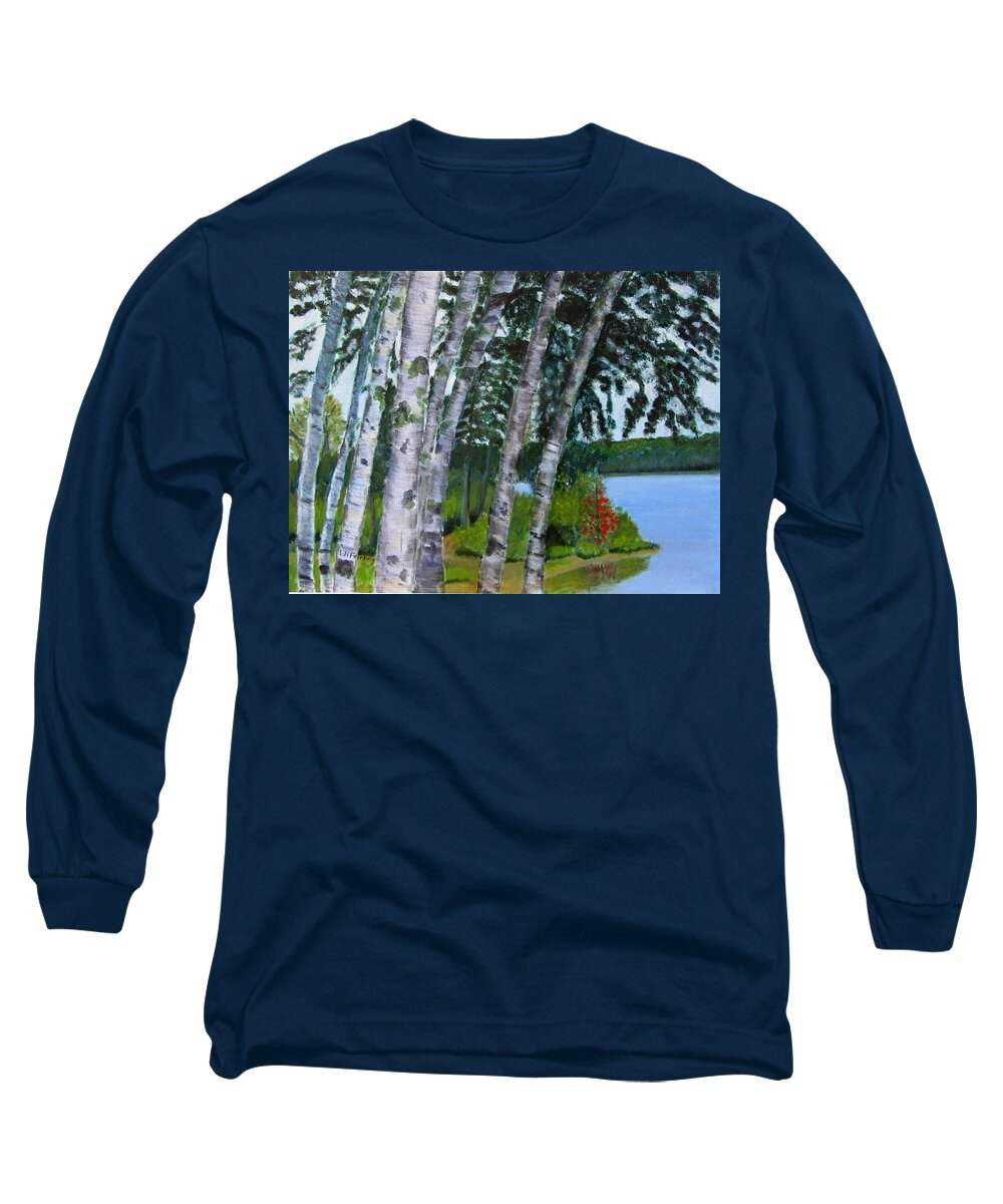 Birches Long Sleeve T-Shirt featuring the painting Birches at First Connecticut Lake by Linda Feinberg