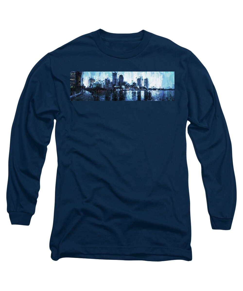 Boston Long Sleeve T-Shirt featuring the painting Boston, Panorama - 08 by AM FineArtPrints