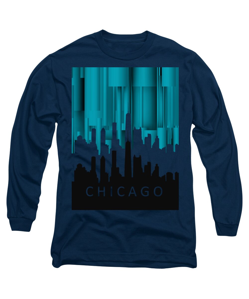 Chicago Long Sleeve T-Shirt featuring the digital art Chicago turqoise vertical in negetive by Alberto RuiZ