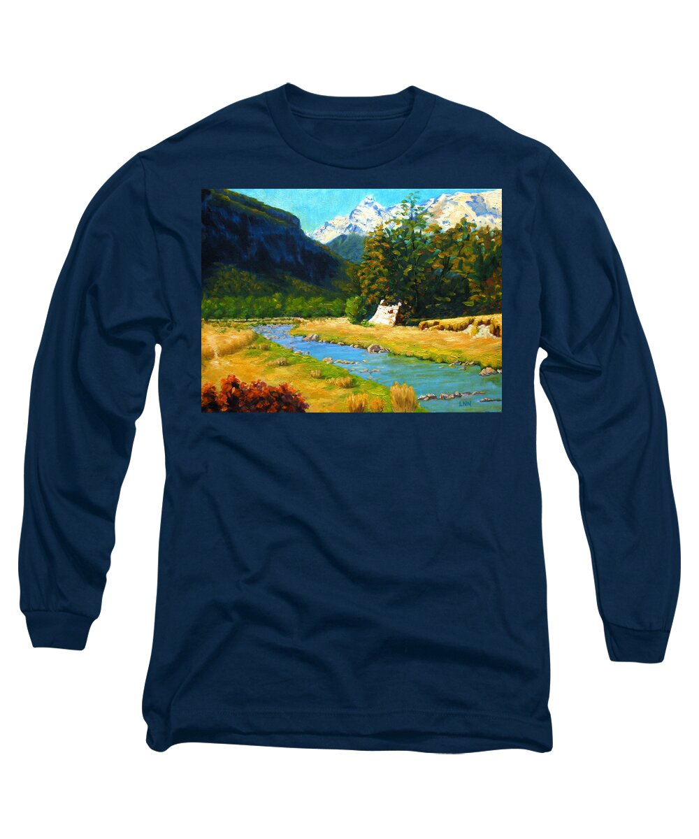 Landscape Long Sleeve T-Shirt featuring the painting Chinamans Bluff by Ningning Li