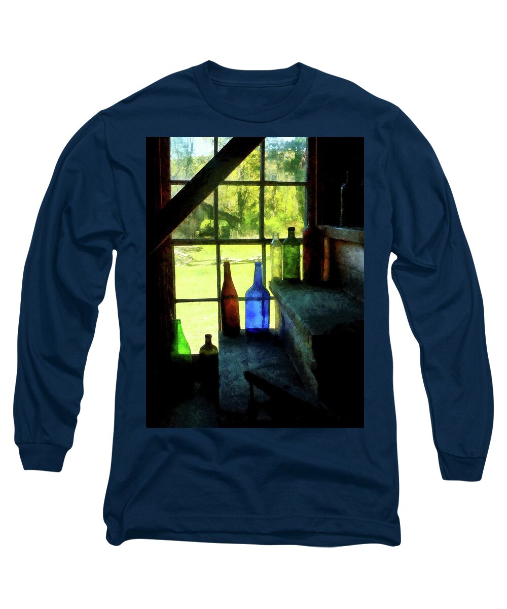 Bottles Long Sleeve T-Shirt featuring the photograph Colored Bottles On Steps by Susan Savad