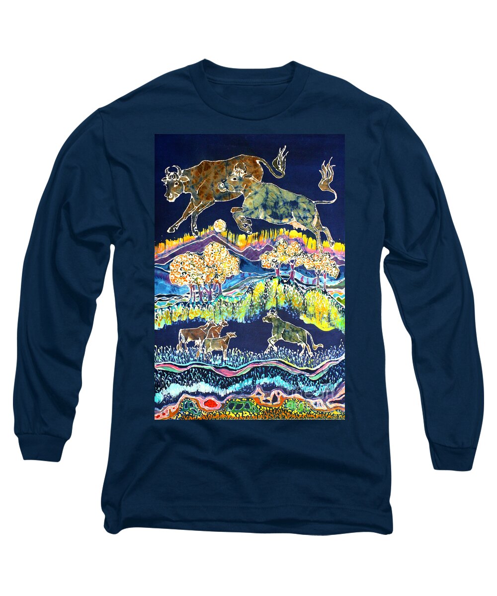  Cow Batik Long Sleeve T-Shirt featuring the tapestry - textile Cows Jumping Over The Moon by Carol Law Conklin