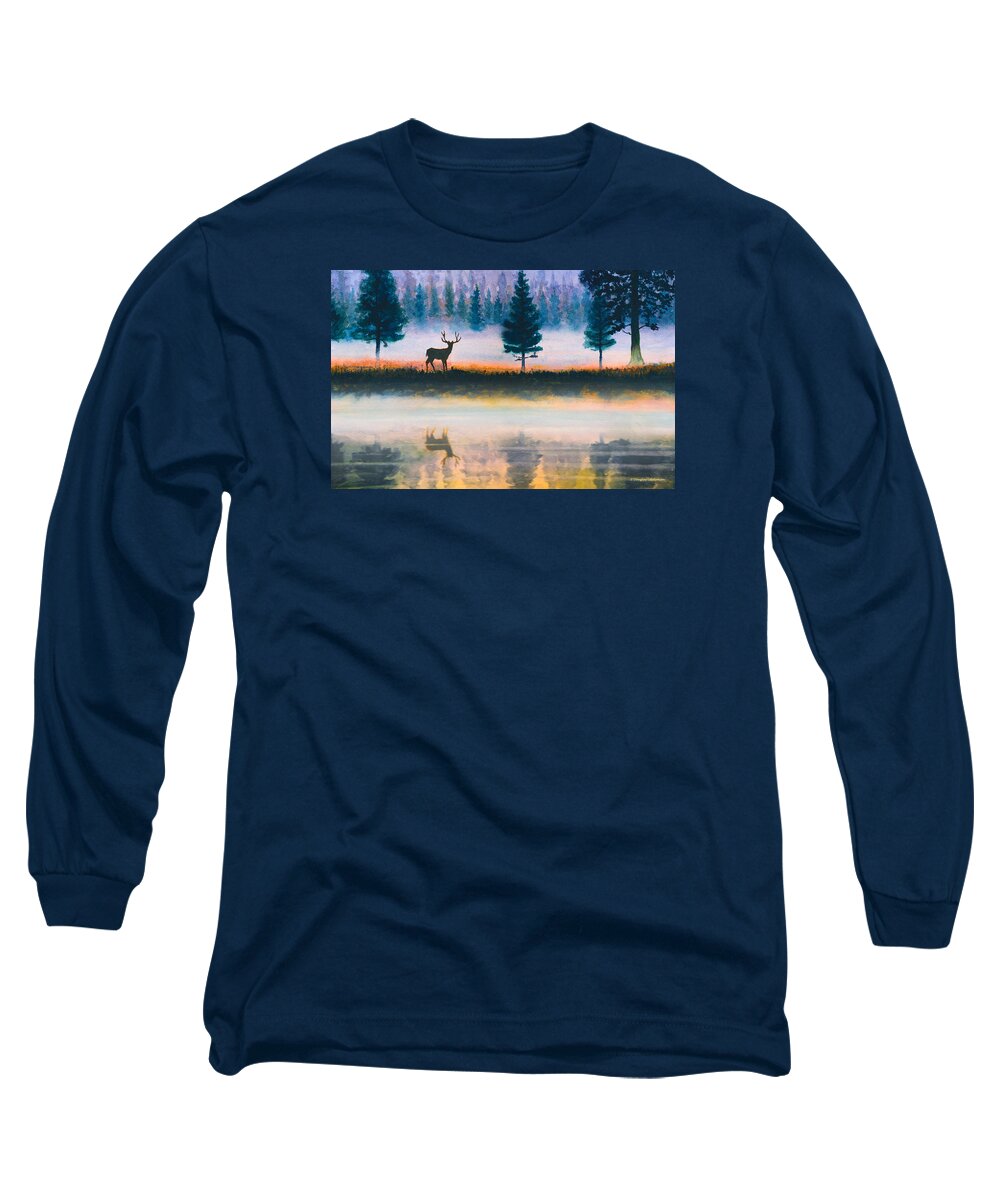 Watercolor Long Sleeve T-Shirt featuring the painting Deer Morning by Douglas Castleman