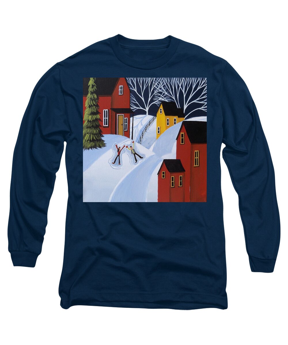 Folk Art Long Sleeve T-Shirt featuring the painting Double Snow Angels - folk art landscape winter by Debbie Criswell