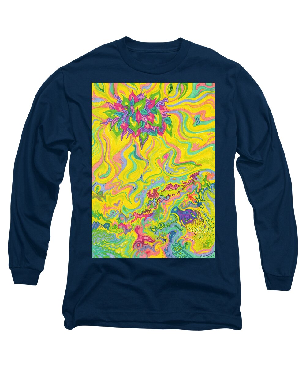 Dream Long Sleeve T-Shirt featuring the drawing Dreamscaped Swamp-Garden 1 by Julia Woodman