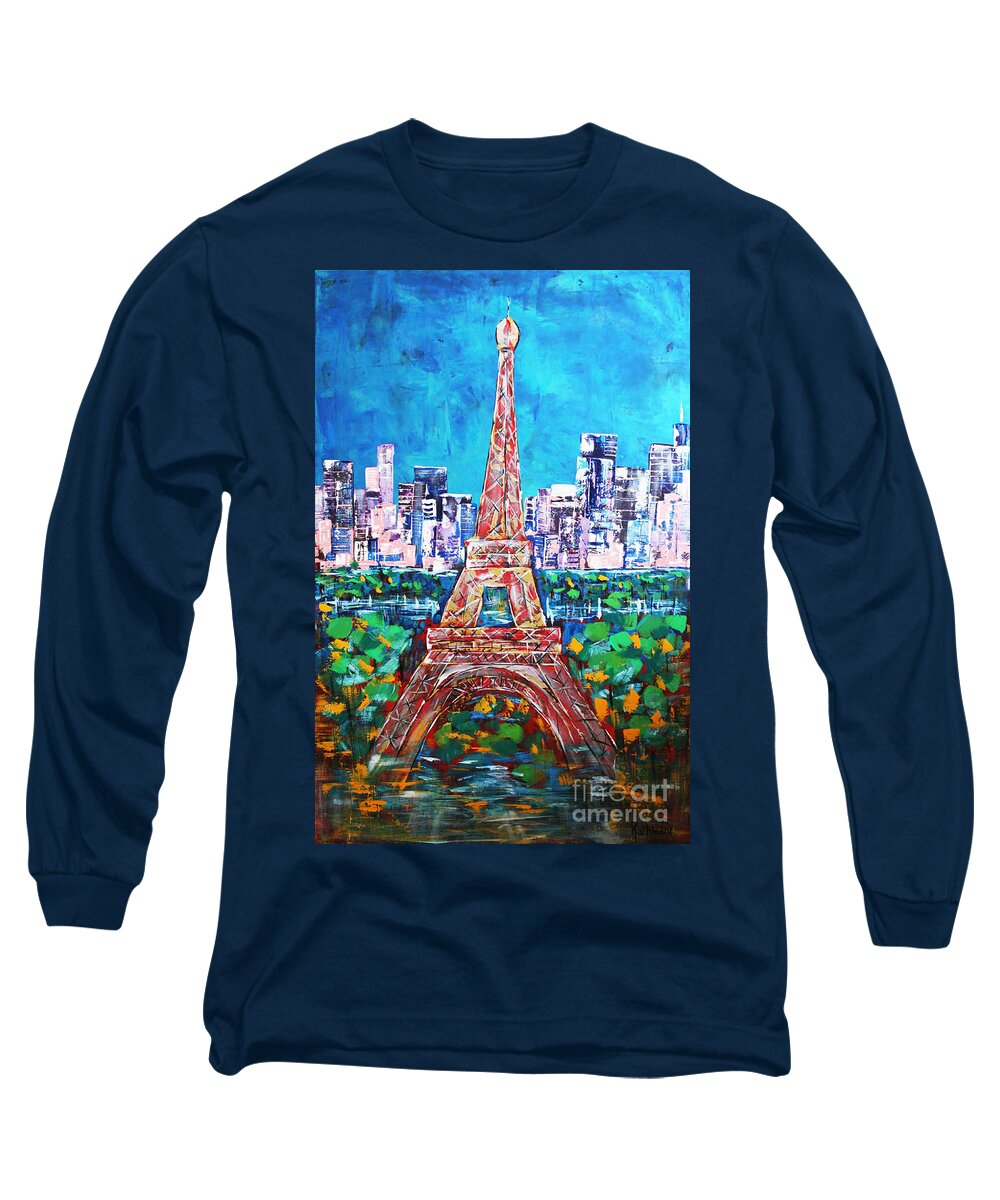 Town Long Sleeve T-Shirt featuring the painting Eiffel Tower by Kathleen Artist PRO