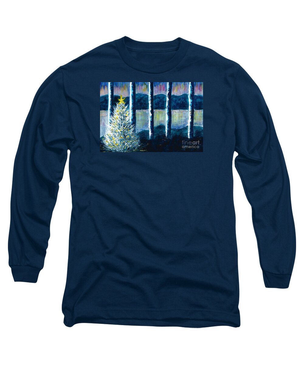 #christmas #trees #christmastrees #forests #lakes #holidays #seasonal Long Sleeve T-Shirt featuring the painting Enlightened Forest by Allison Constantino
