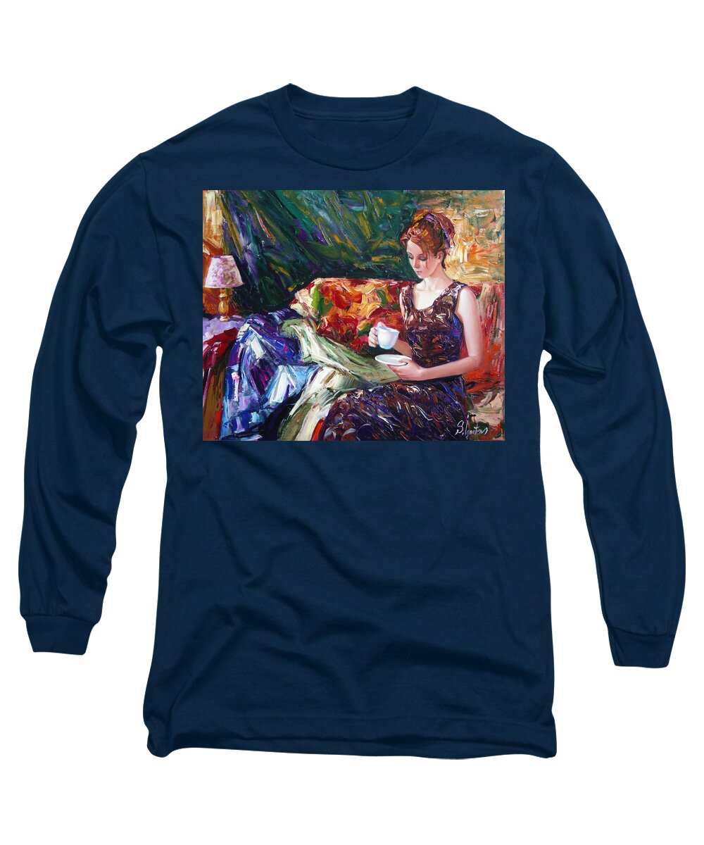 Figurative Long Sleeve T-Shirt featuring the painting Evening coffee by Sergey Ignatenko