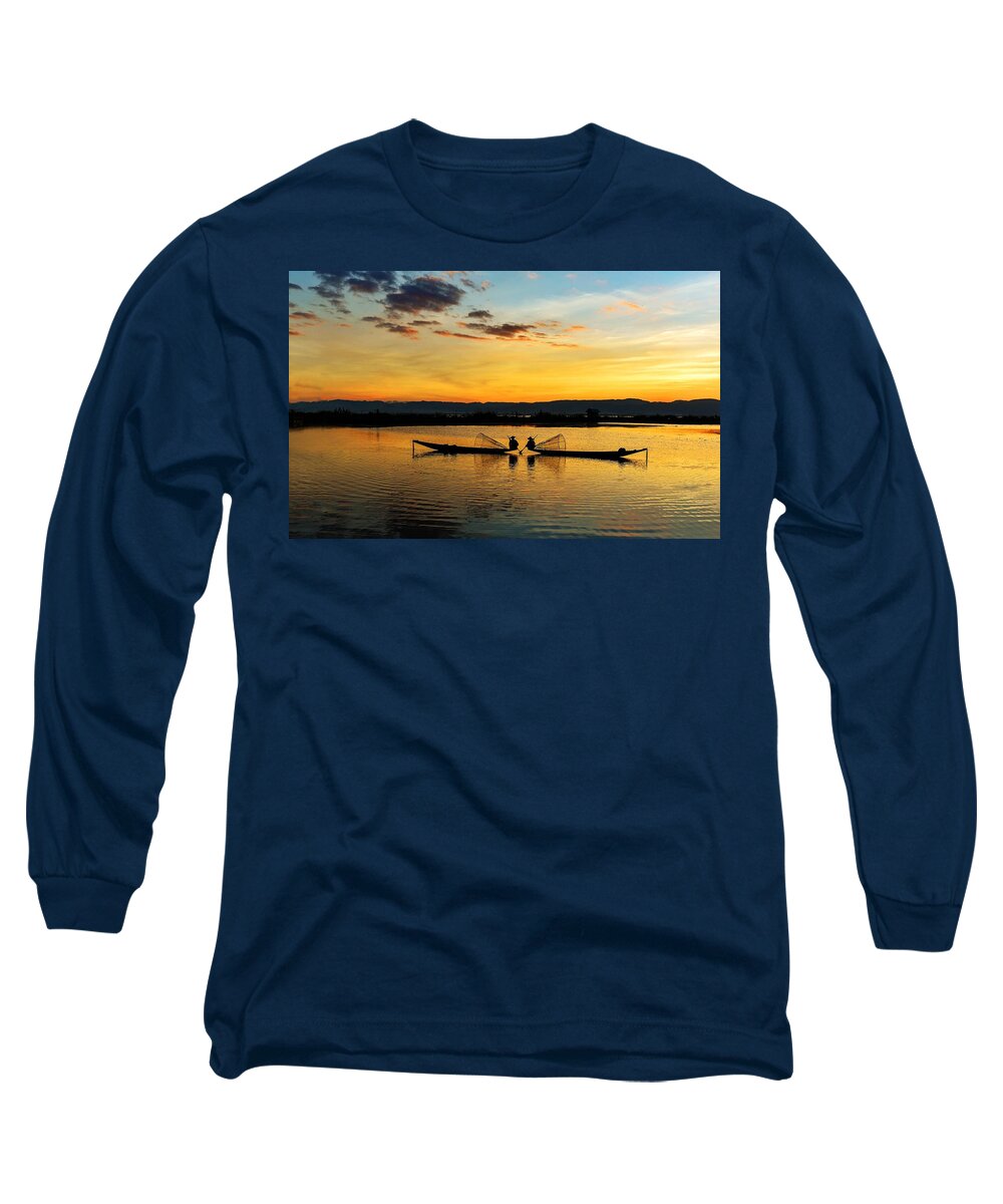 Travel Long Sleeve T-Shirt featuring the photograph Fisherman on their boat by Pradeep Raja Prints