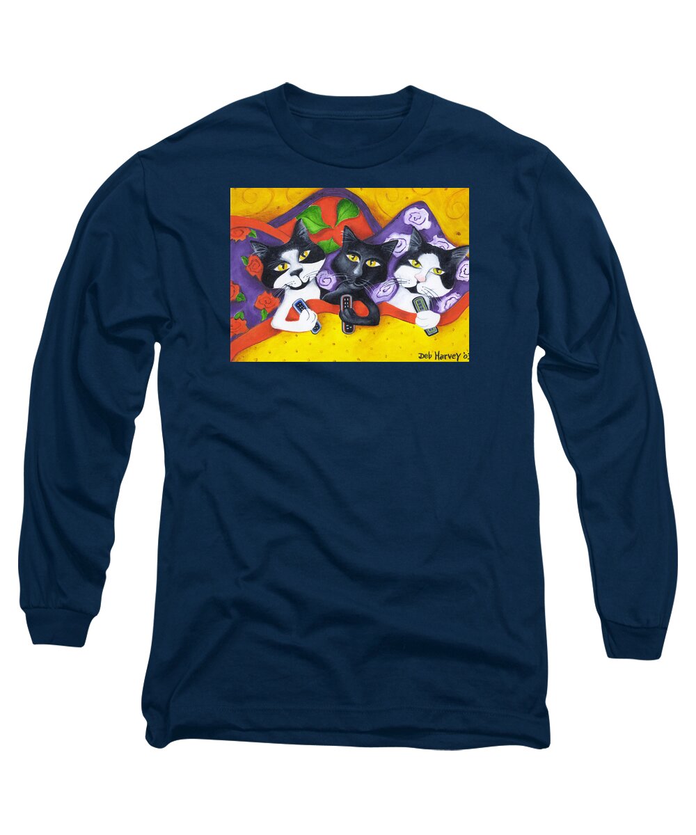 Cat Long Sleeve T-Shirt featuring the painting Guys With Remotes by Deb Harvey