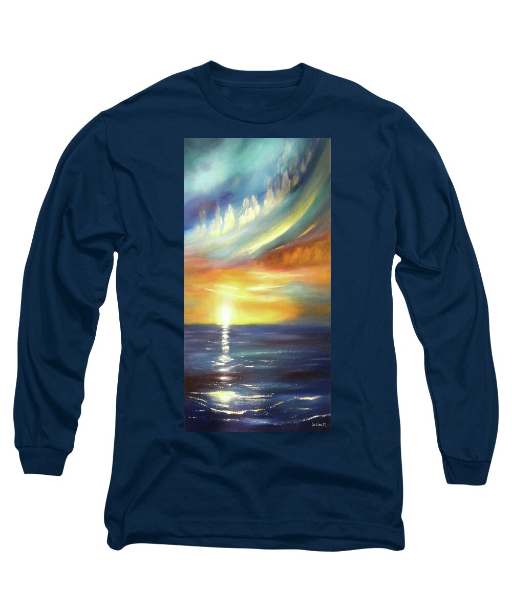 Brown Long Sleeve T-Shirt featuring the painting Here It Goes - Vertical Colorful Sunset by Gina De Gorna